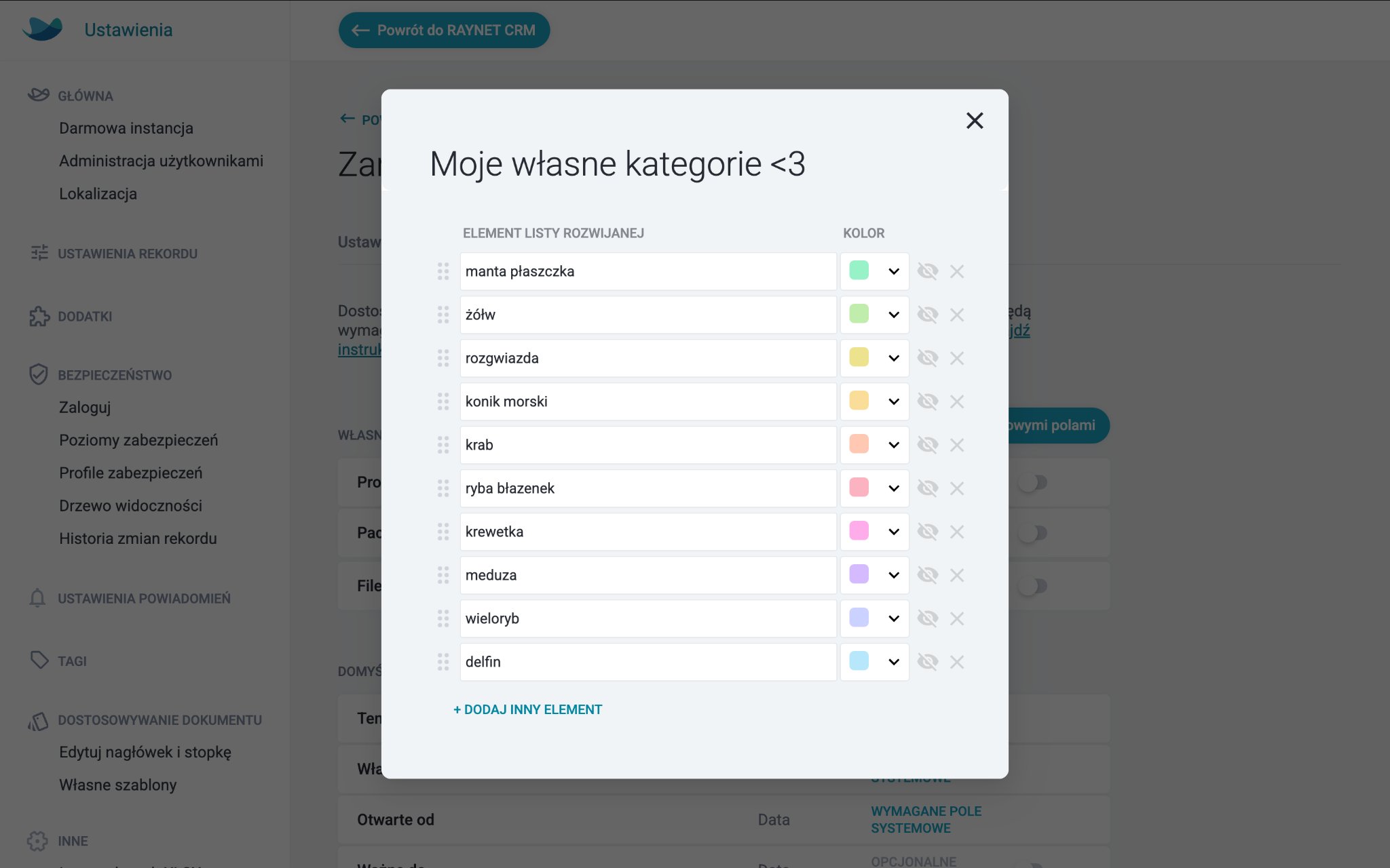 Kategorie własne – edycja pól niestandardowych