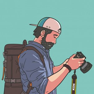 Mężczyzna z brodą przegląda zdjęcia w aparacie fotograficznym